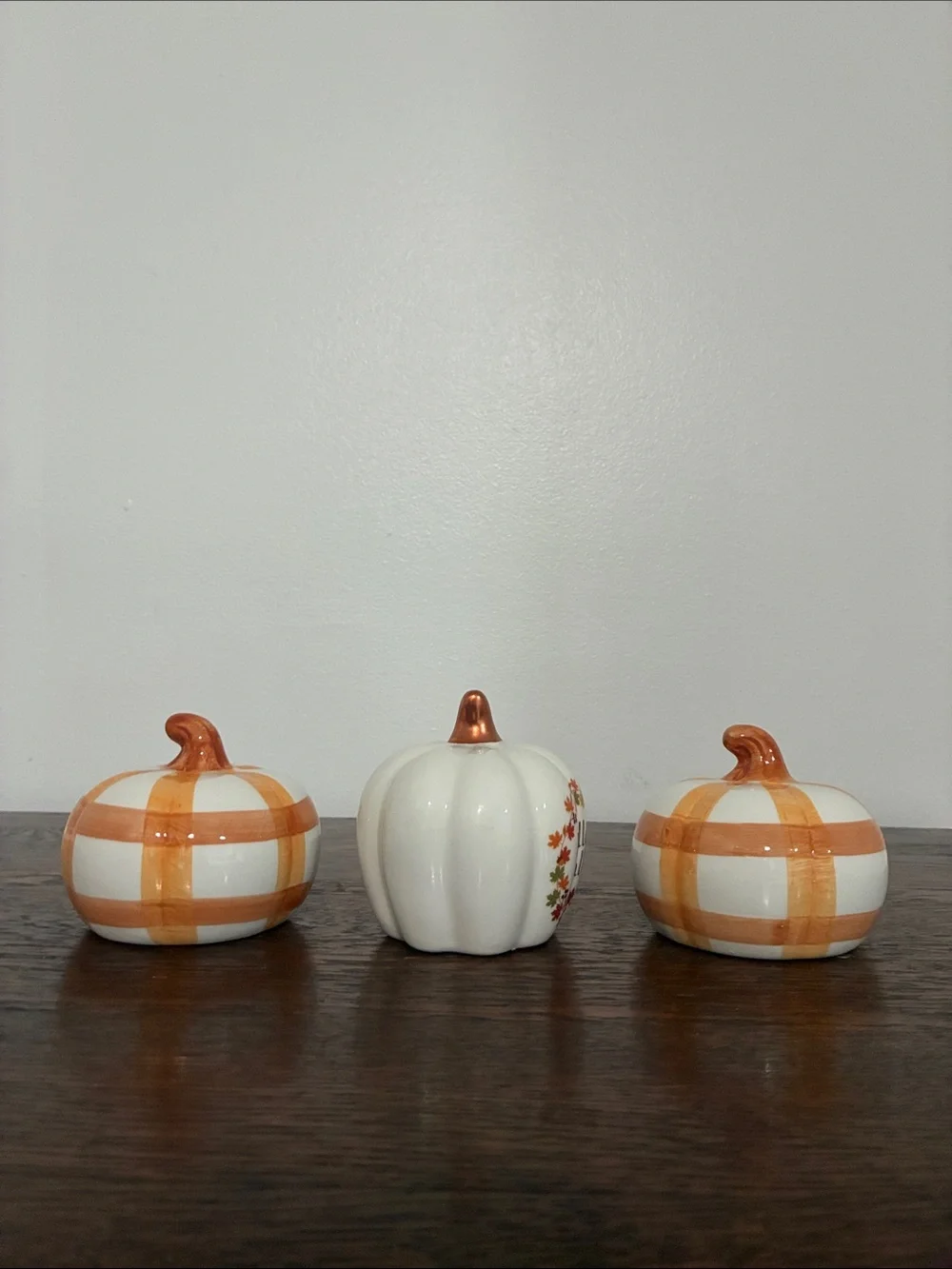 NWT- Hello Fall & Orange & White Striped Ceramic Pumpkins Trio